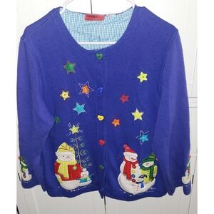Onque Casuals Purple Cardigan Christmas Snowman Star Applique Buttons M vintage!